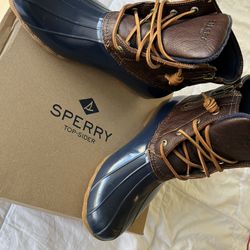 Womens Sperry Saltwater Tan/Navy Duck Boots 9.5M