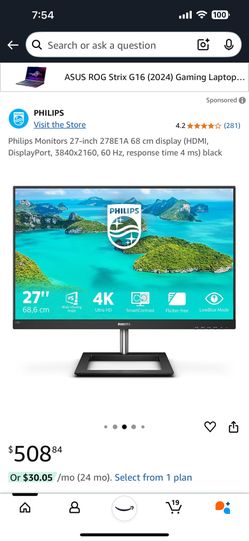 Philips Monitor 278E, 27 Inches Resolution 4K UHD 2160p