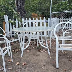 Exterior Metal And Glass Dining Set With 5 Chairs And Cushions