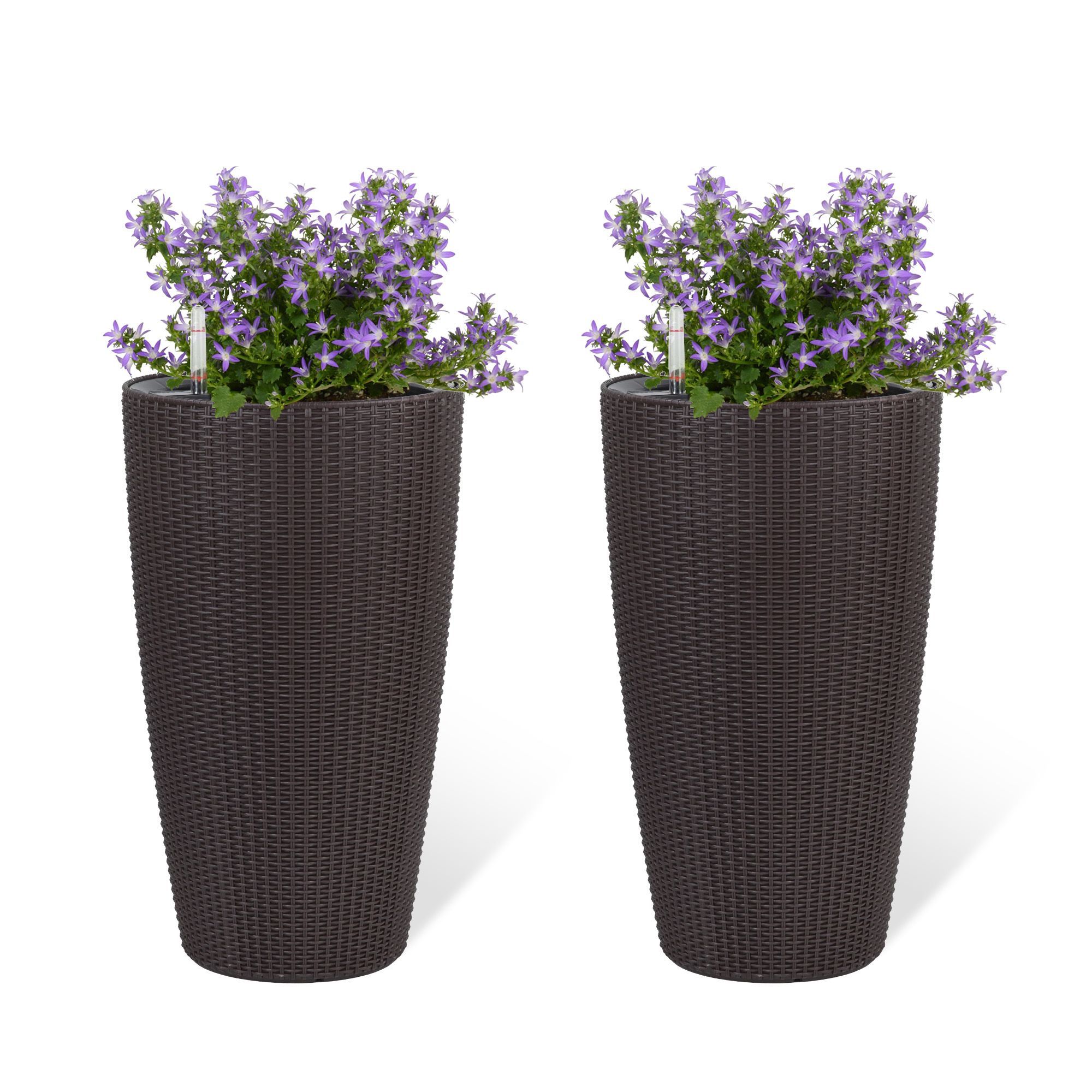 Set of 2 Faux Rattan Tall Planters Outdoor Indoor Large Planters with Water Level Monitor Inner Bucket, Automatic Watering, Flower Plant Pots for Gard