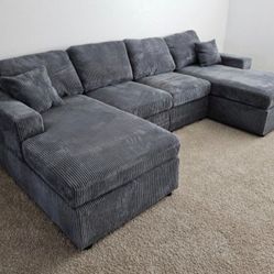 ✅️✅️4 pc fog grey corduroy fabric sectional sofa with double chaise✅️✅️