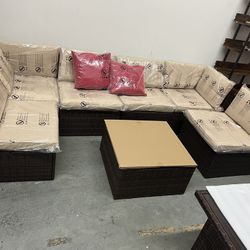 New, Patio Furniture Set 7 Pieces With Glass Coffee Table And Cushions (size In The Picture