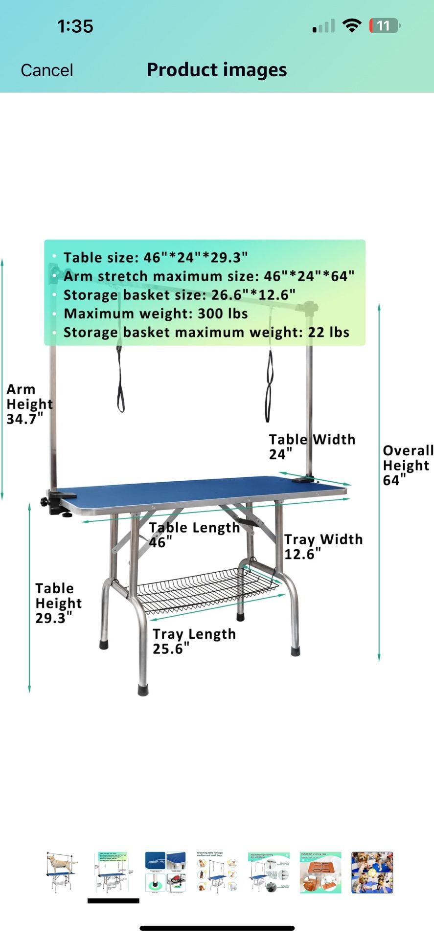 Grooming Table 46” L x 24” W x 29” H