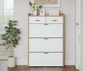 White and Oak Shoe Cabinet with Flip Drawers