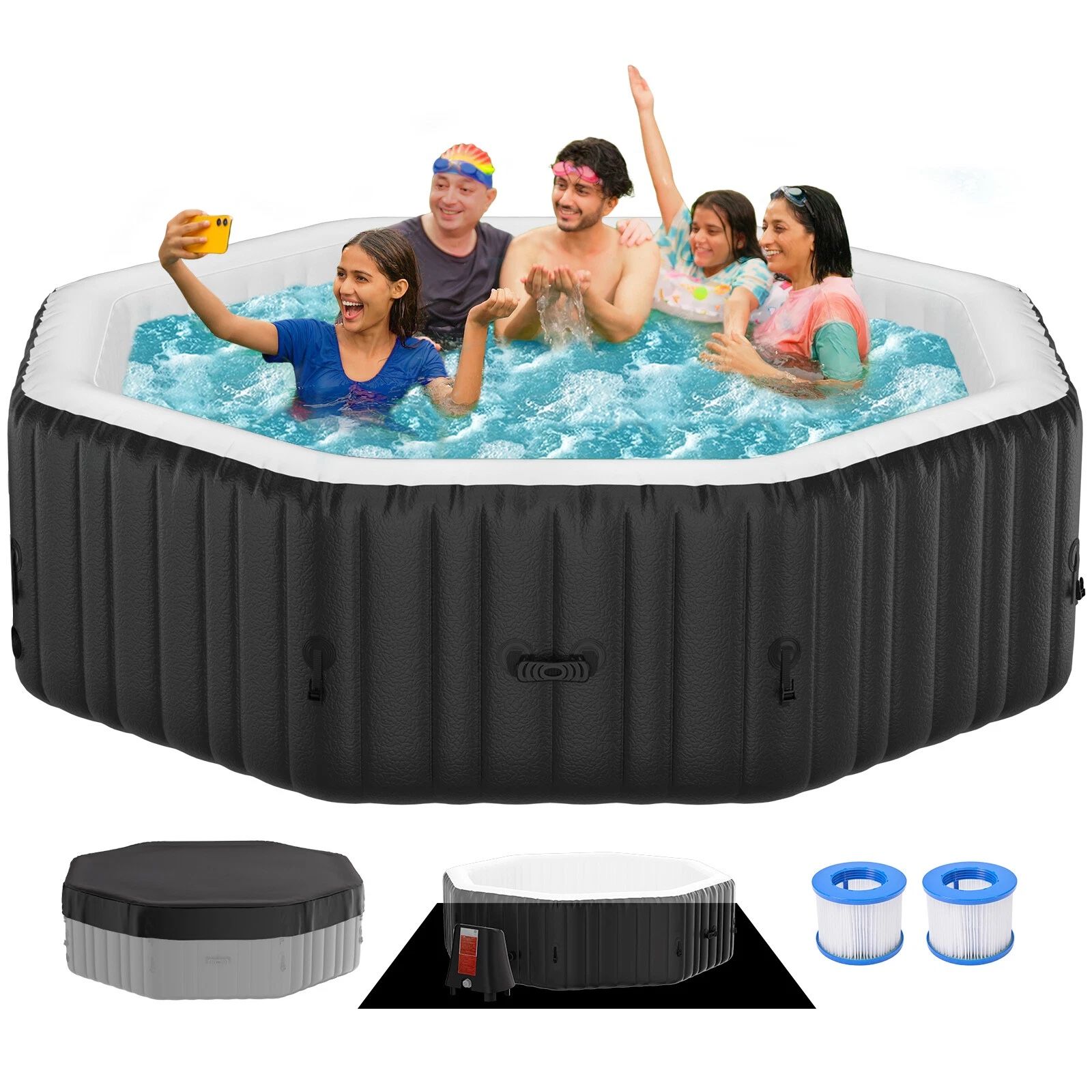 MOPHOTO 6 Person Inflatable Hot Tub Octagonal W Heater Pump/Filter/Spa Cover