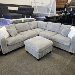 Brand New 2 Sets Left Sectional Corduroy Fabric W/ Ottoman $498 