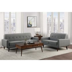 Brand New Gray Linen Mid Century Modern Sofa + Loveseat 2PCs Set