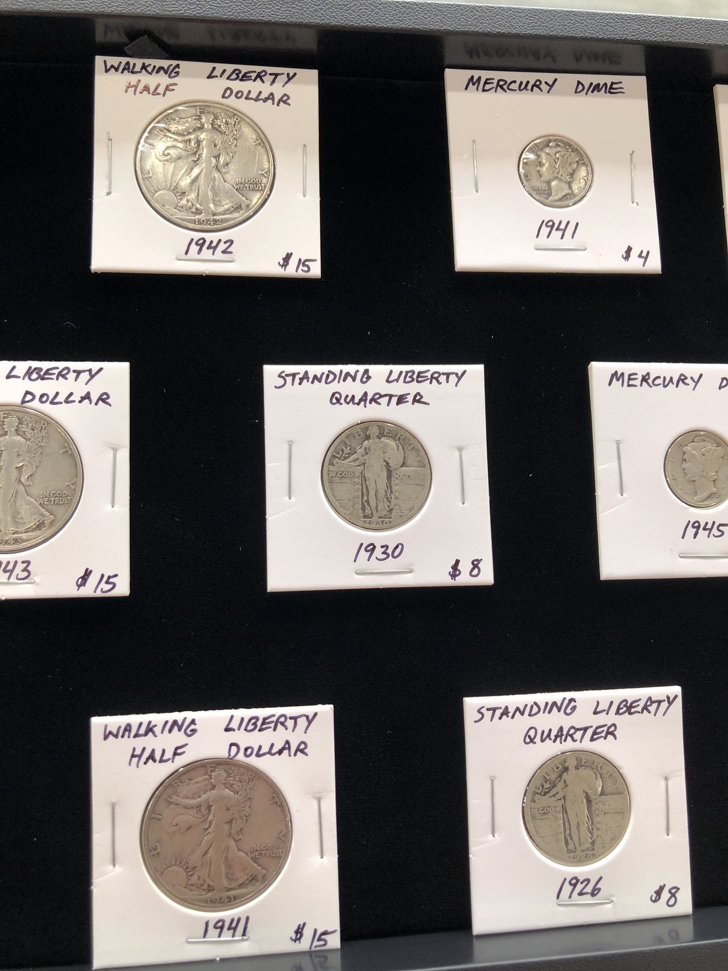 90% Silver Coins. Walking Half Dollars, Standing Liberty Quarters & Mercury Dimes