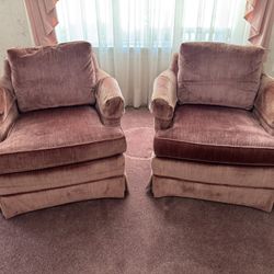 Pair of Highland House Hickory Upholstered Lounge Chairs – Vintage Pink/Blush Velvet