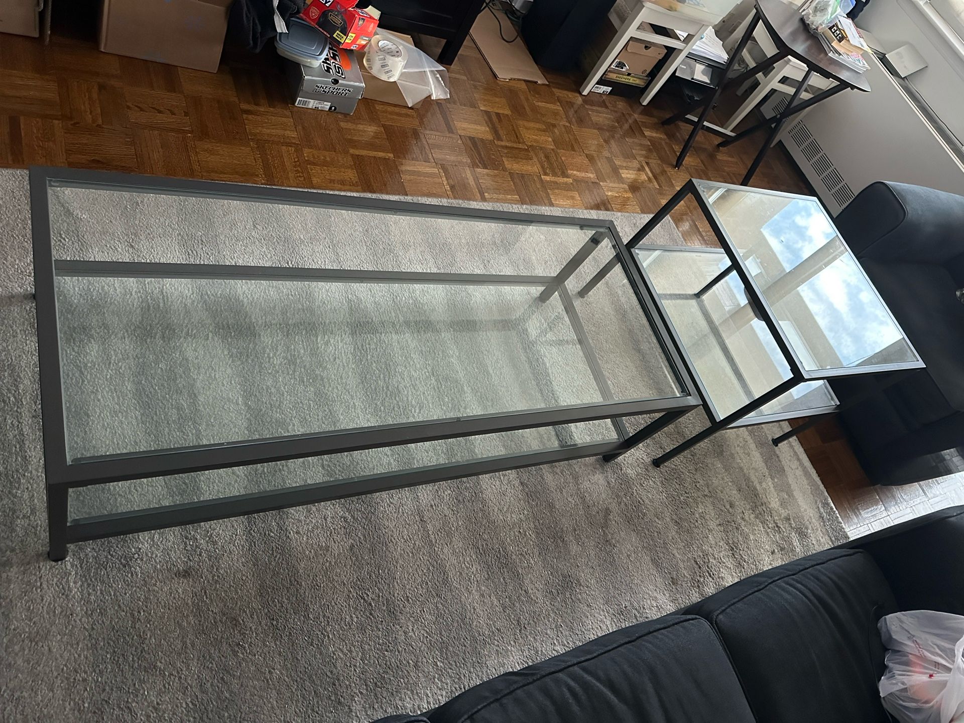 Modern glass coffee table & end table w/ dark grey metal frame $50 for both pieces