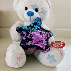 18" Dan Dee Collector's Choice White Plush Bear with Color Changing Star and Pastel Stars throughout his body. Swipe your finger to change color blue/