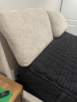 Upholstered Bed with Back Cushions, Purple adjustable frame, Beautyrest Black Series III mattress
