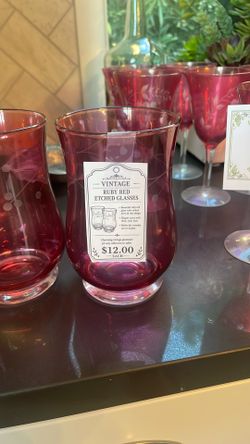 Moving sell—ruby red etched glasses