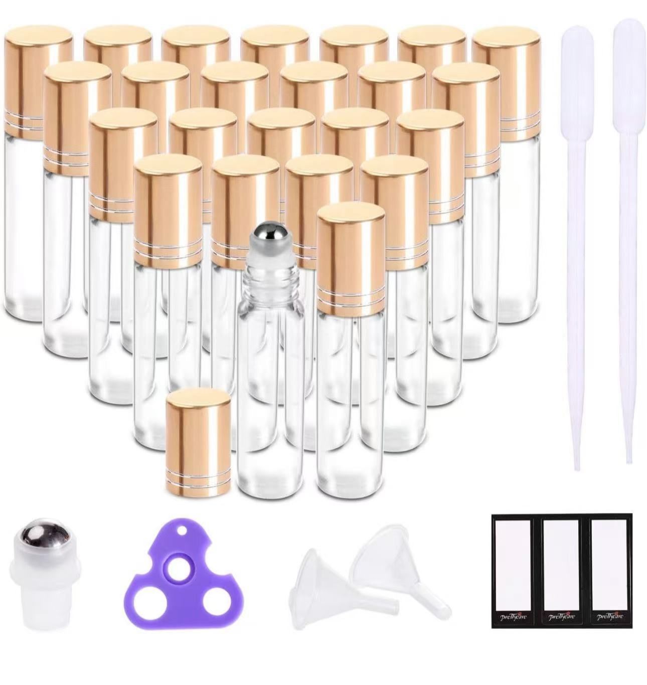 PrettyCare Essential Oil Roller Bottles 10ml (24 Pack Clear Glass Bottle with Gold Cap, 4 Extra Roller Balls,48 Labels, 2 Openers, 2 Funnels Roller Ba