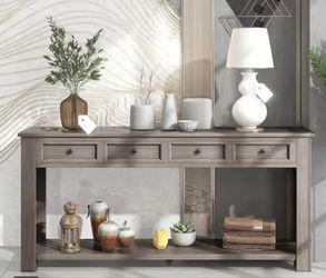 Rustic 63 in. Gray Wash Standard Rectangle Wood Console Table with 4 Drawers