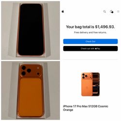 iPhone 17 Pro Max 512GB Cosmic Orange in great condition with Apple Limited Warranty until January 12, 2027.