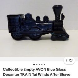 Collectible Antique Car Empty AVON Blue Glass Decanter TRAIN Tai Winds After Shave Bottle
