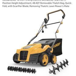 Rock&Rocker 16-Inch 15 Amp Electric Dethatcher Scarifier, 5-Position Height Adjustment, 48.4QT Removable Thatch Bag, Quick-Fold, with Scarifier Blade,