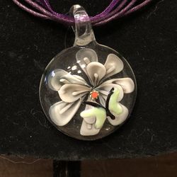Purple Glass Flower And Butterfly Pendant Necklace 