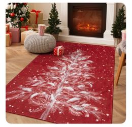 Red Christmas Forest Deer Moroccan Full Coverage Pearl Velvet Rectangular Indoor Area Rug
