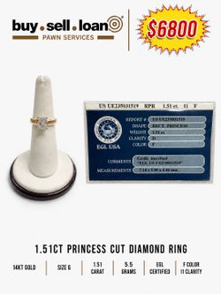 1.51CT PRINCESS CUT DIAMOND RING, 14KT GOLD, EGL CERTIFIED, SIZE 6
