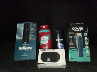 Gillette hair trimmer, Conair men clippers  mini H2O Bluetooth speaker and two body wash Old spice and an ax e