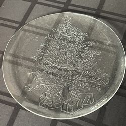 Clear glass serving platter with embossed Christmas tree design. By Collezione. Made In Italy 12”