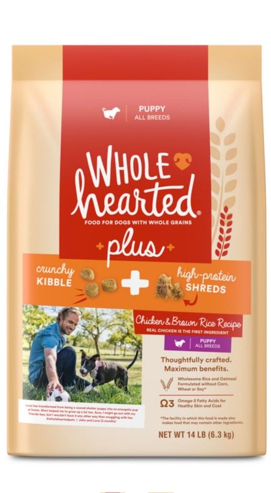 Wholehearted Plus Chicken & Brown Rice Recipe Puppy Crunchy Kibble + High Protein Shreds Dry Dog Food 14lbs