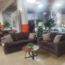 Brown Fabric Sofa And Loveseat With Throw Pillows (New)