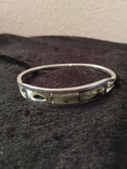 Mexico Silver Abalone Shell Inlay Hinge Bangle Bracelet Size Medium  $15.00