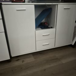 White Storage Cabinet with Drawers and Shelves