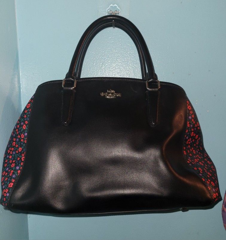 COACH Black Leather Floral Design Handbag F59442