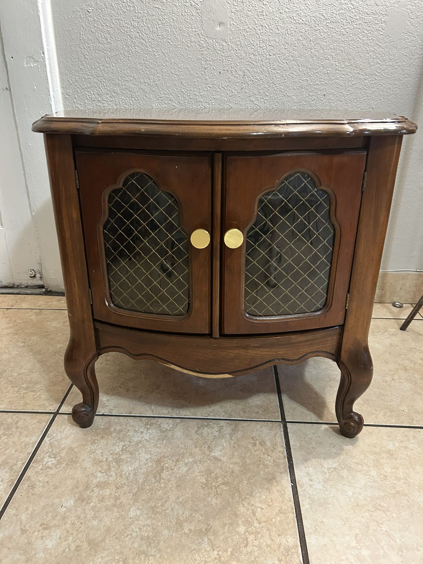 Vintage French Provincial Drum Table Wood Wire Cage Doors Gorgeous