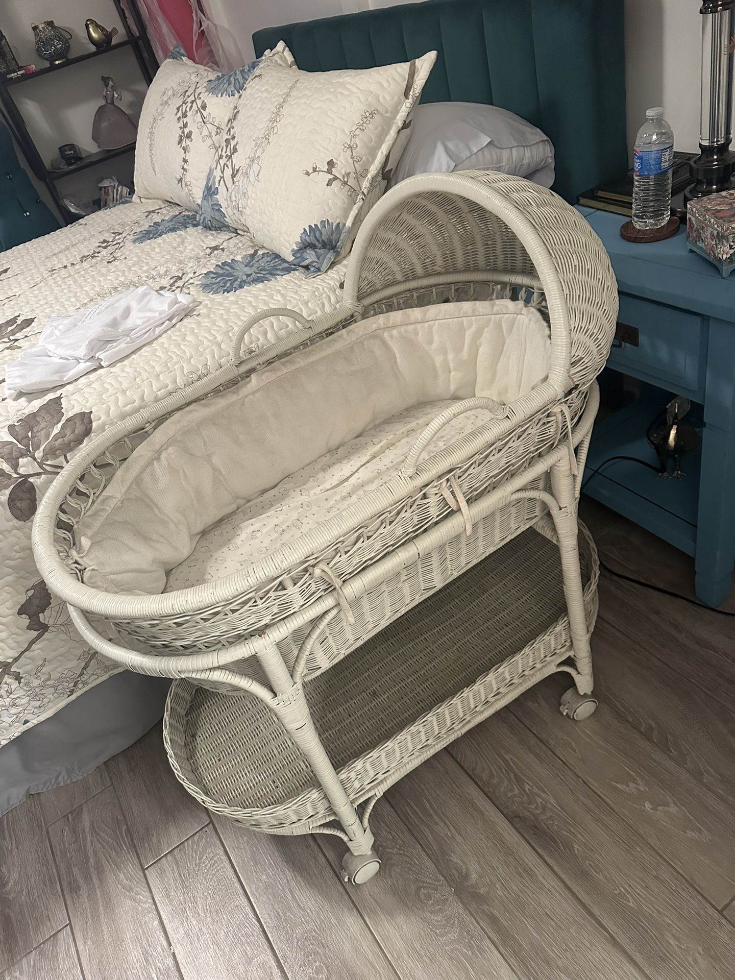 White wicker, baby bassinet