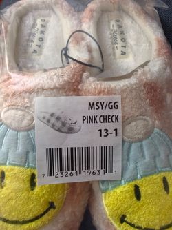 Dakota Fleece Girls Smiley Slippers - Pink Check Sherpa, Size M (13/1)
