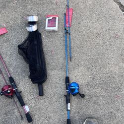 2 Brand New Kids fishing Poles New Wire New Hooks Net