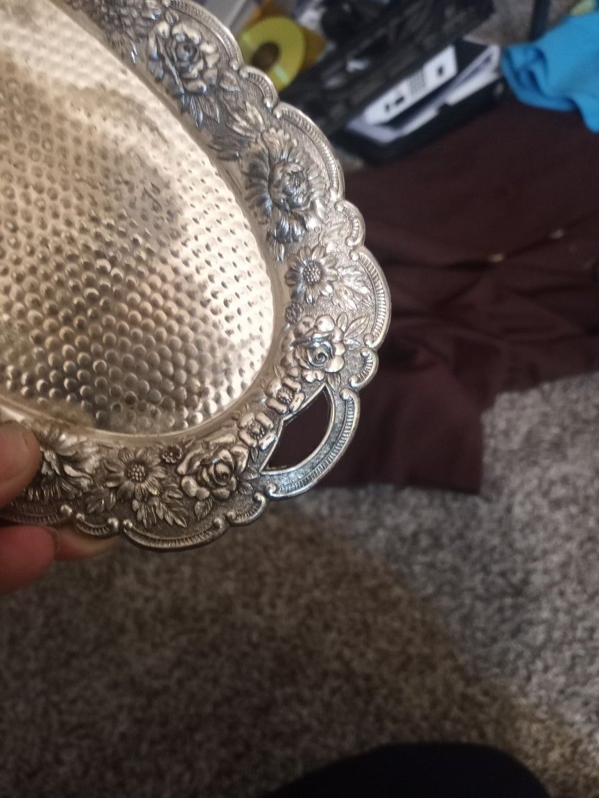 Antique Silver Trey Small With Roses And Floral Design Around It That's Into It Heavy In Weight Japan