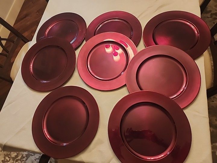 14 Inch Set of Eight (8) Plastic Burgundy\Red Chargers