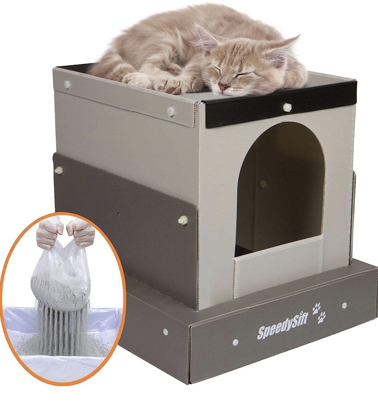 SpeedySift Kit de iniciación de caja de arena con capucha para gatos, caja de cartón de plástico / Hooded Cat Litter Box