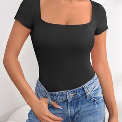 Women's 2024 Summer Short Sleeve Tops Square Neck Slim Fit Y2k Casual Basic Shirts Tee