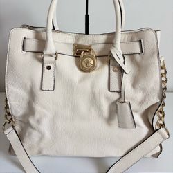 Michael Kors Hamilton -Vanilla Leather Satchel Bag With Gold Lock