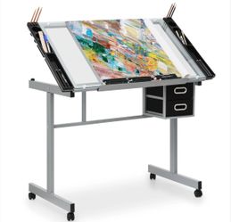 Drafting Table - 41" Crystal desktop with grey frame, 2 black drawers, rolling casters