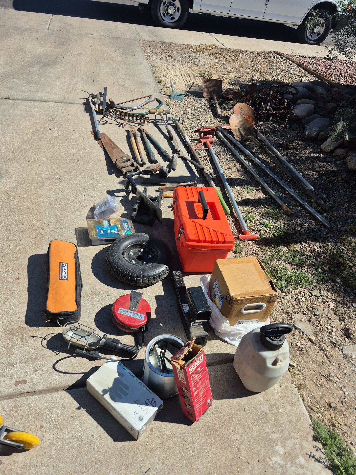 Tools, brooms, shovels, wheels, sandbags