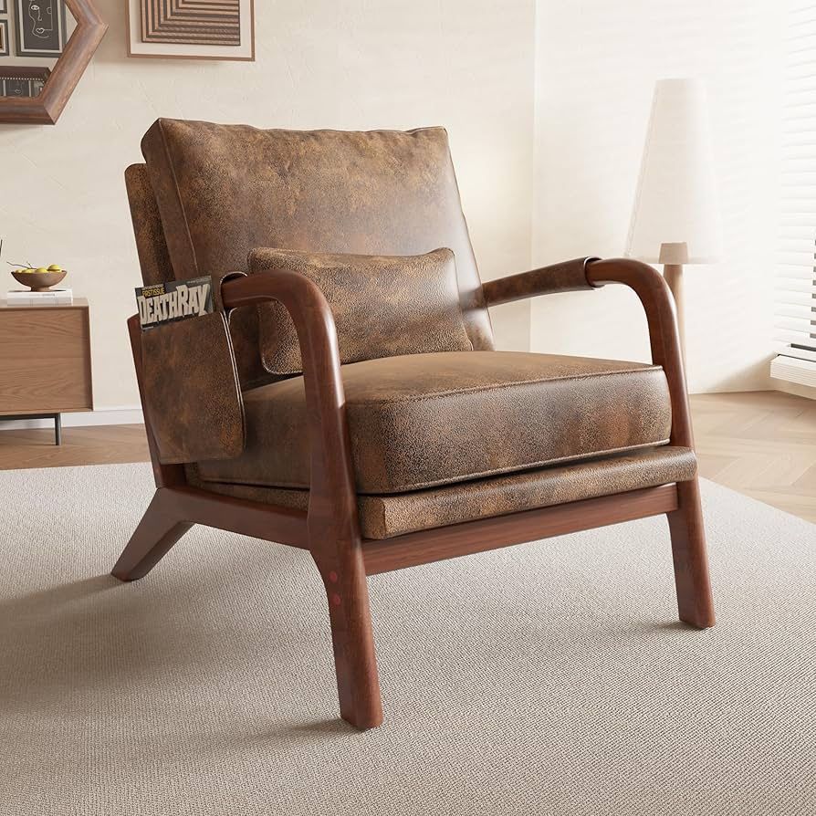 Mid Century Modern Accent Chair with Pillow & Pocket, Upholstered Armchair with Solid Wood Frame & Soft Cushion for Living Room, Bedroom, Belcony, Sun