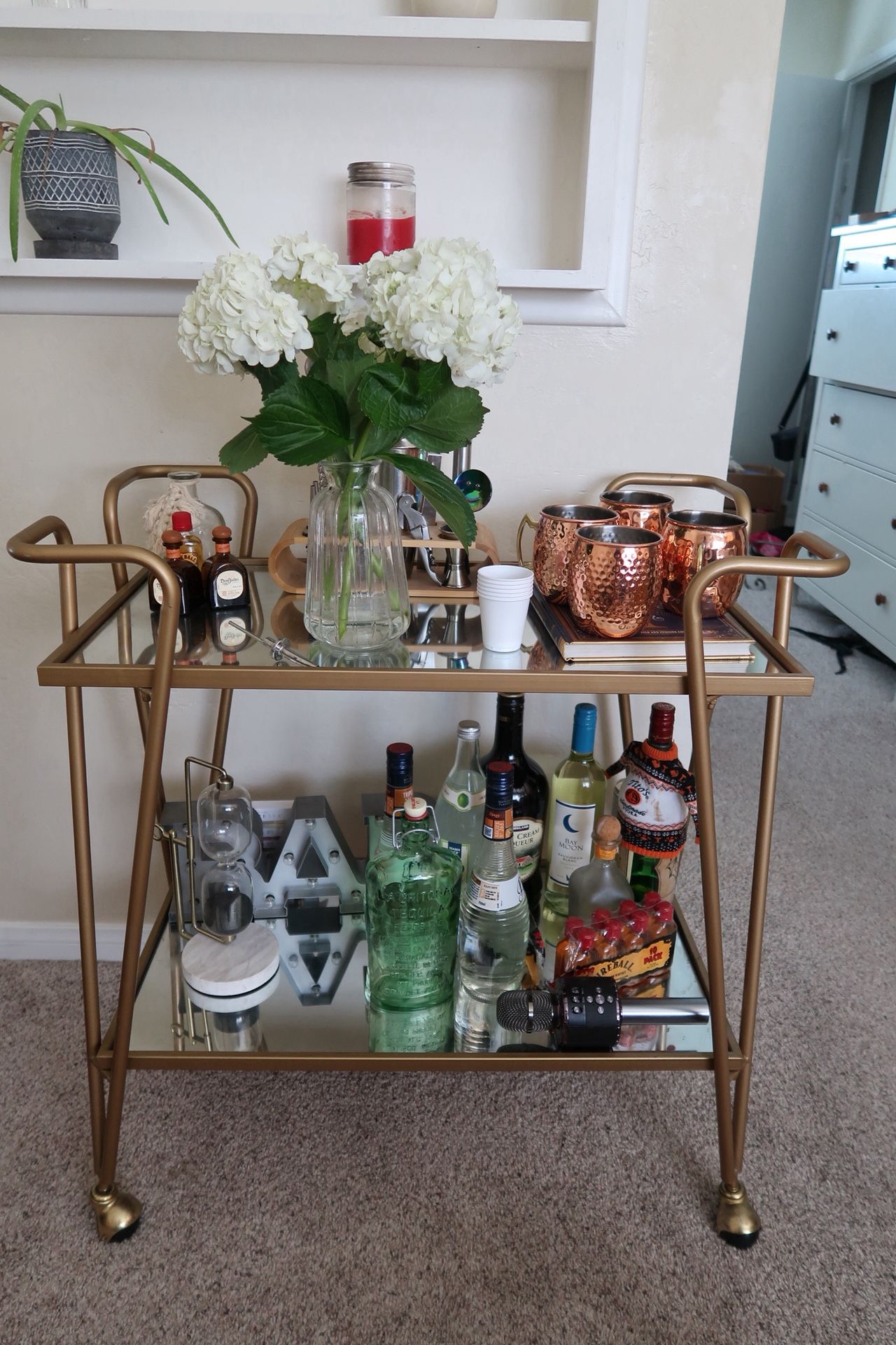 Gold Bar Cart With Mirrored Shelves