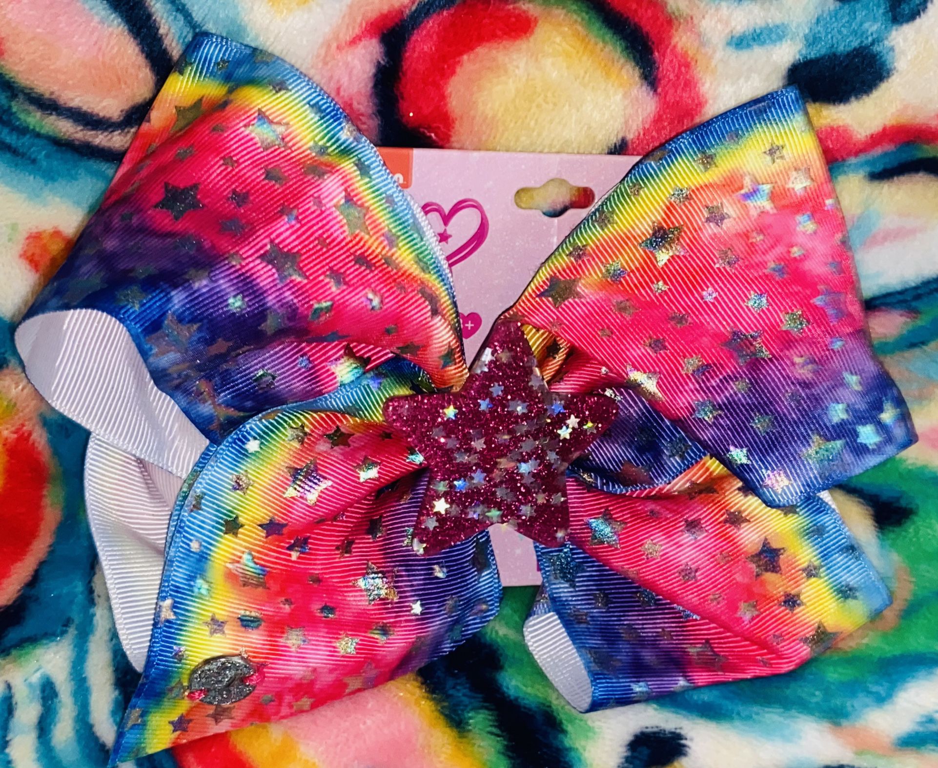 Nickeloden JoJo Siwa Bright Colored Rainbow W: Silver Star Prints Hair Clip In Bow 
