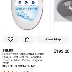 BEMIS Renew Wash Antimicrobial Electric Plug-in Bidet Seat for Elongated Toilets with Low Profile Design in White
