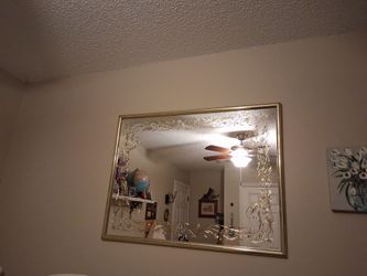 Large Wall Mirror with Gold Floral Etching