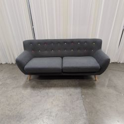 Mid-Century Gray Fabric Couch with Colorful Buttons