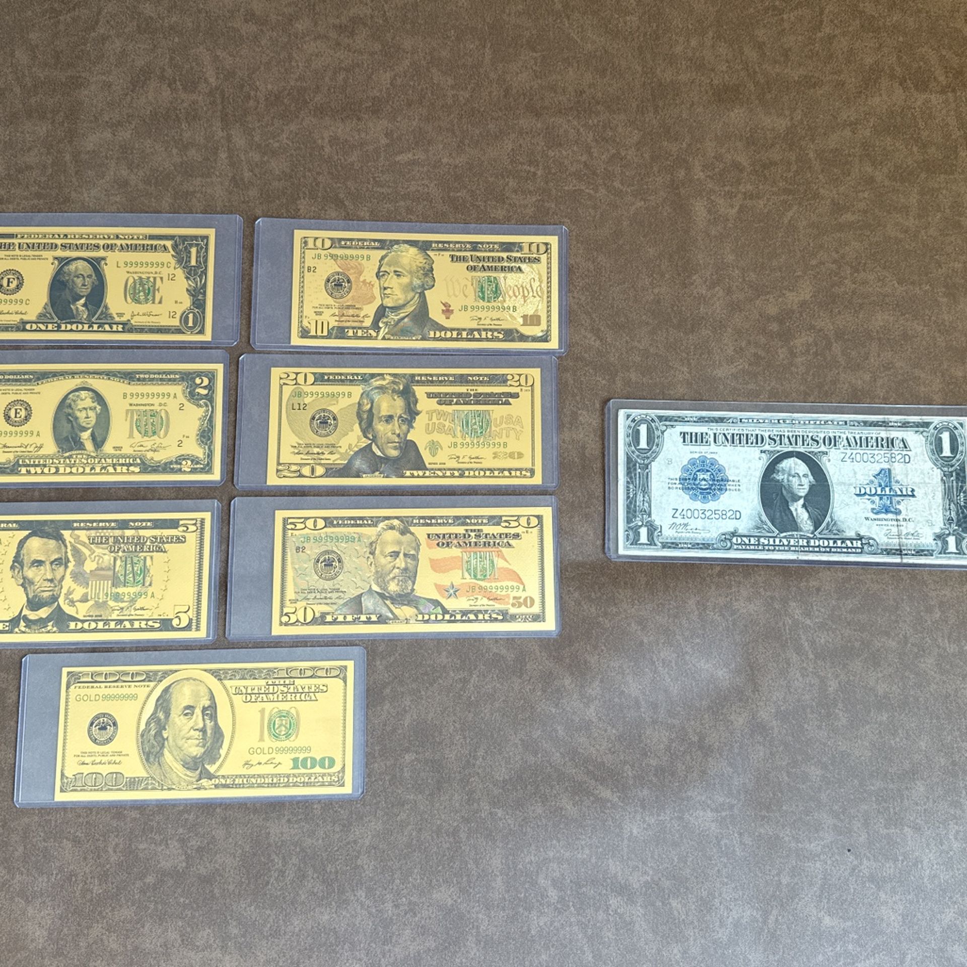 1923 Horse Blanket One Dollar Silver Certificate And A 1,2,5,10,20,50,100 24k Gold Foil Notes!